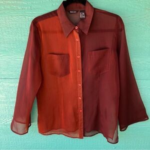 SHEER Y2K COLORBLOCK BROWN ORANGE BUTTON FRONT LONG SLEEVE TOP SIZE MEDIUM